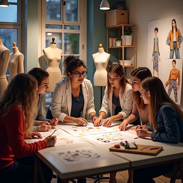 Teaching girls working with sewing machine at sewing classes by ai